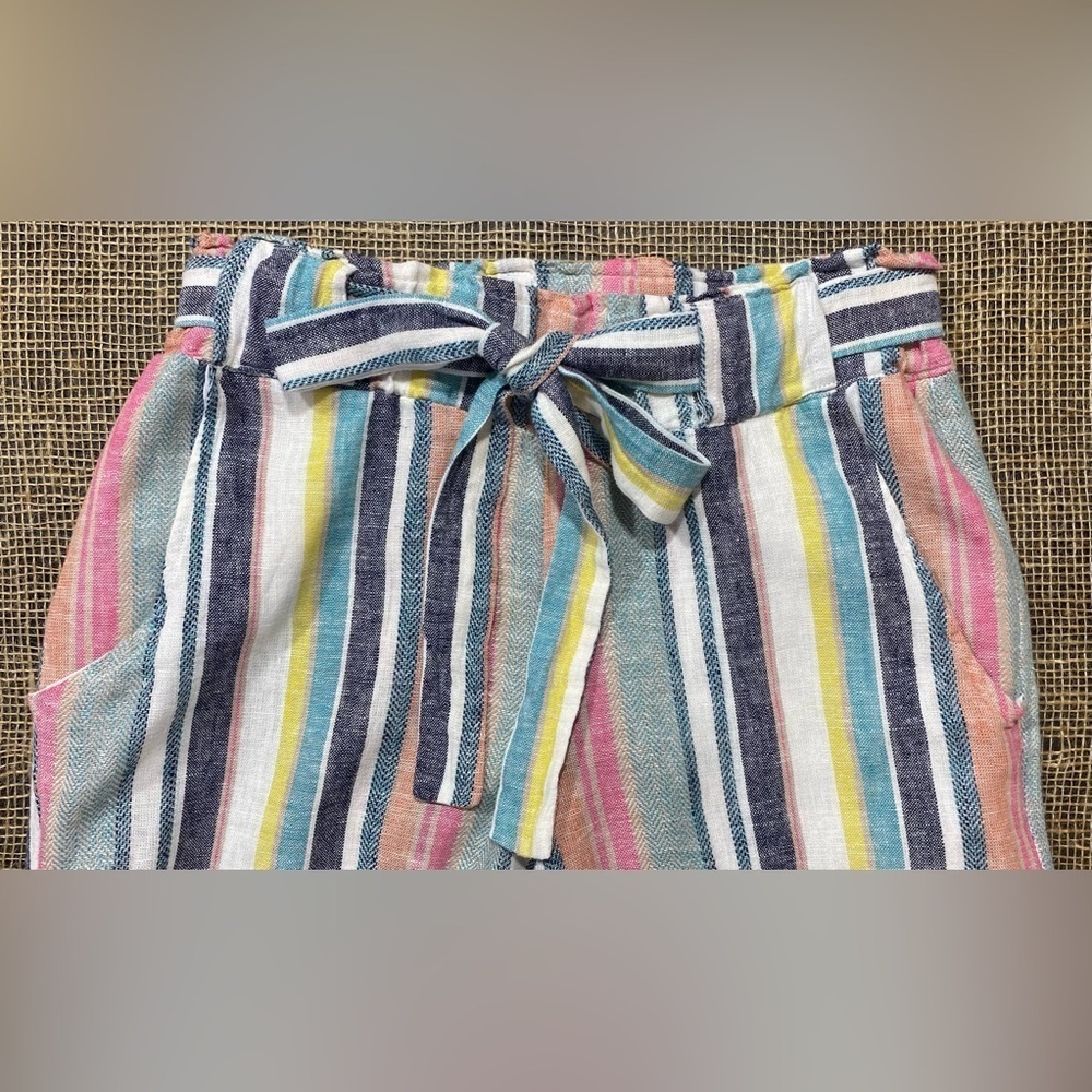 Indigo Rein Pants Small Linen/Rayon Pockets Elastic Waist Belt Striped Cropped - Picture 2 of 7